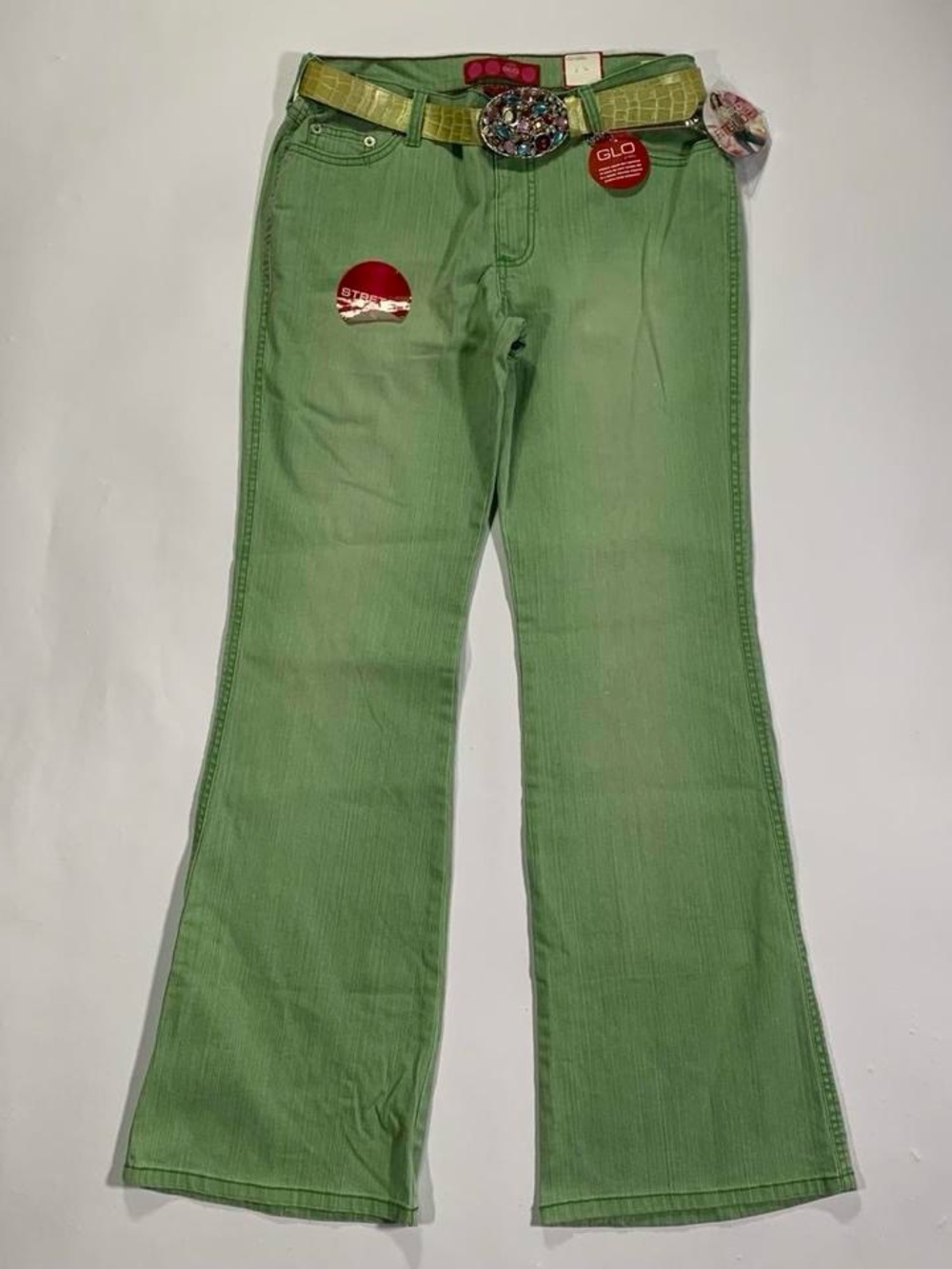 GLO Hip Hugger Flare Jeans Green Pastel Rhinestone Belt Deadstock McBling Y2K